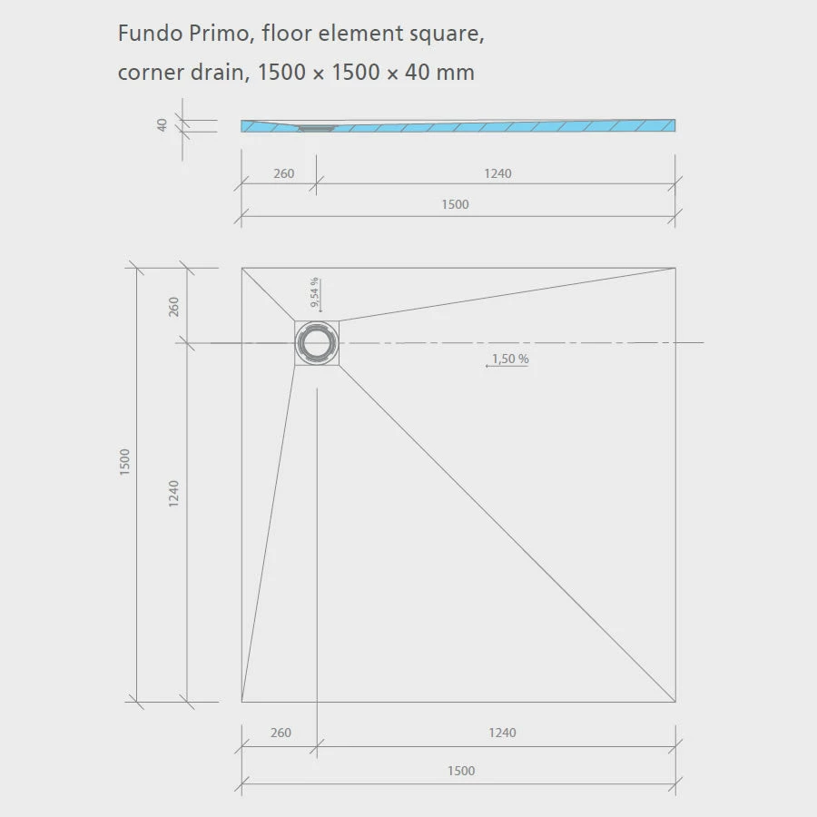 Fundo Primo Shower Tray Former - 1500 X 1500 X 40mm - CORNER Drain 2 Fundo Primo Shower Tray Former - 1500 X 1500 X 40mm - CORNER Drain - Image 2